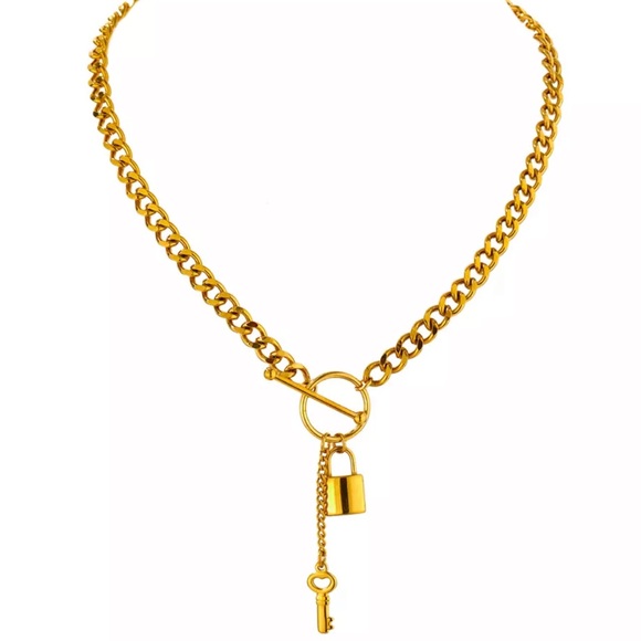 14k Gold Stainless Steel Toggle Lock and Key Pendant Necklace - Picture 7 of 10